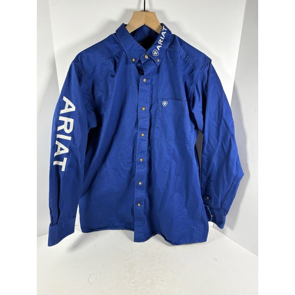 Ariat Western Button Shirt Blue Logo Sleeve Rodeo Cowboy Mens L